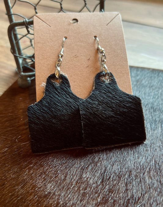 Genuine Cowhide - Cow Tag Earrings - Black