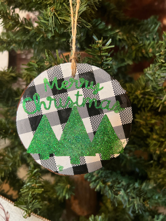 Merry Christmas Green Wooden Ornament